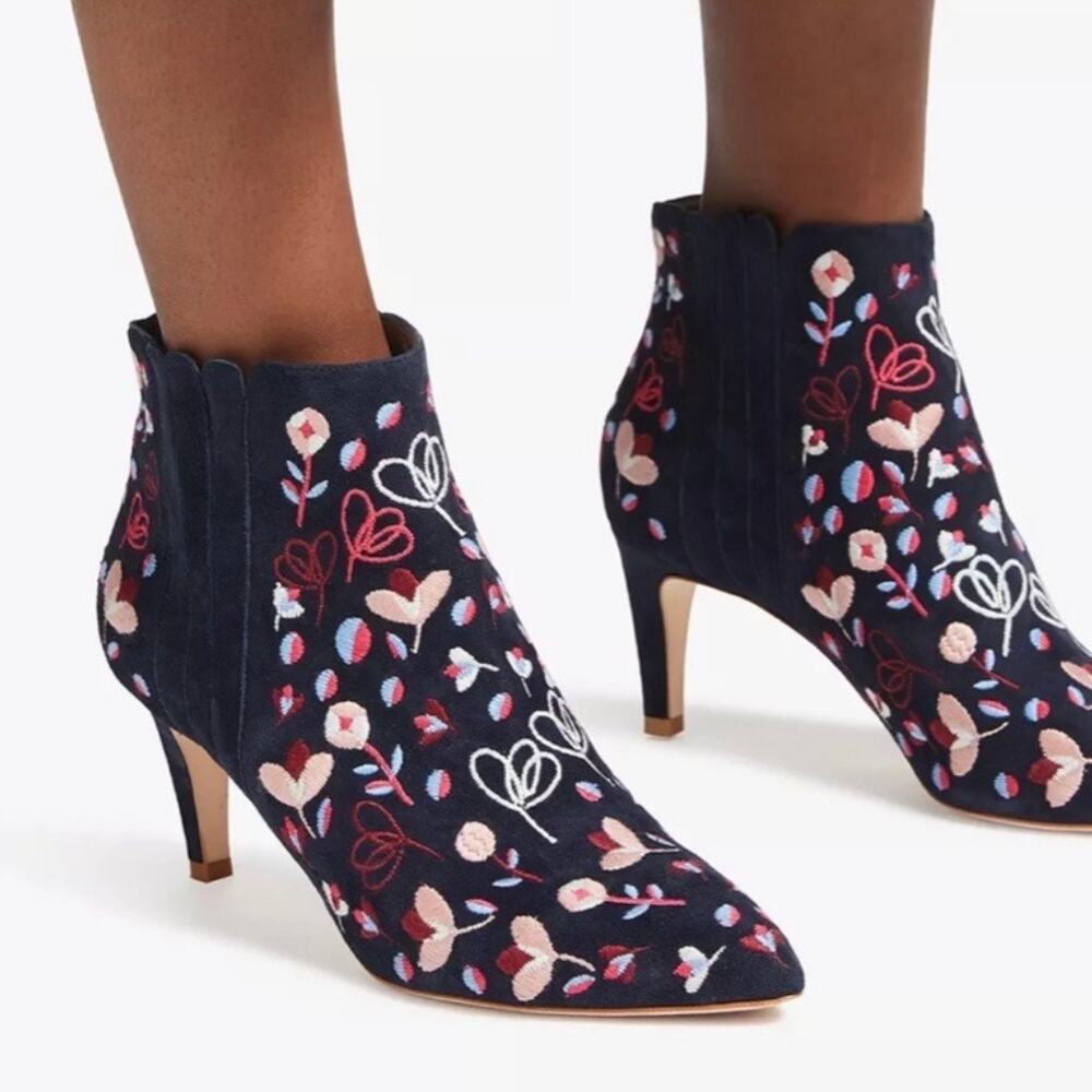 BODEN | Bridgewater Ankle Boots Embroidered Heel Booties Navy Pink | 39, 8.5